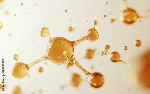 Abstract molecular structure, golden liquid, floating in space, blurred background