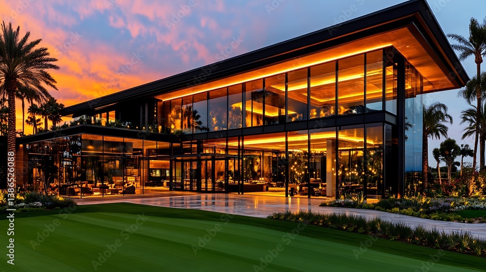 Obraz premium Modern Golf Clubhouse at Sunset.