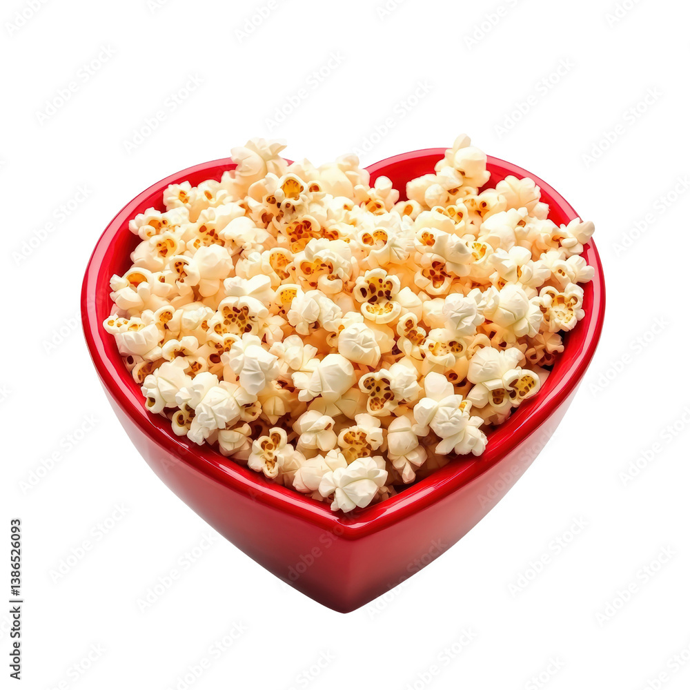 Heart shaped bowl overflowing with deliciously popped corn perfect for romantic movie nights and celebratory events isolated on transparent background.. Heart shaped bowl overflowing with deliciously popped corn perfect for romantic movie nights and celebratory events isolated on transparent background..