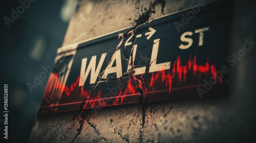 Wall Street sign cracked with red stock market graph crashing down, symbolizing financial collapse, cinematic lighting