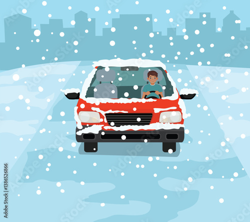 Man driving a car through the snowy and icy road in winter season
