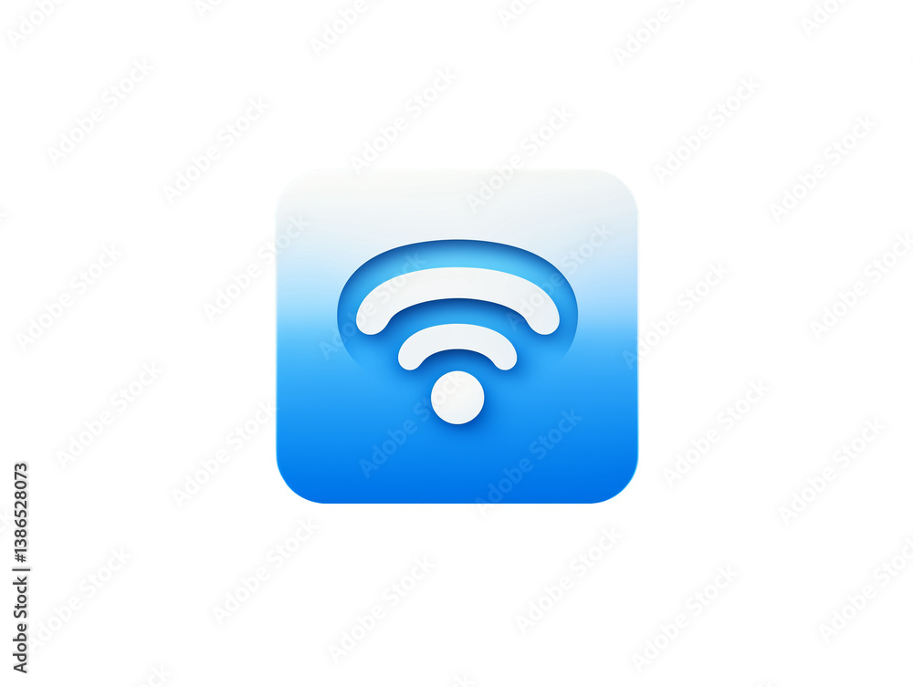 3d Wi-Fi signal icon, rounded blue square with white curved lines and circle, digital connectivity design, clipping path, close up, high quality 3d Wi-Fi signal icon, rounded blue square with white curved lines and circle, digital connectivity design, clipping path, close up, high quality