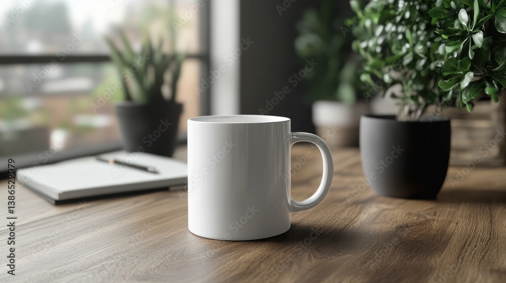 Empty white mug on wooden desk, plants, city view background. Possible use Mockup Empty white mug on wooden desk, plants, city view background. Possible use Mockup