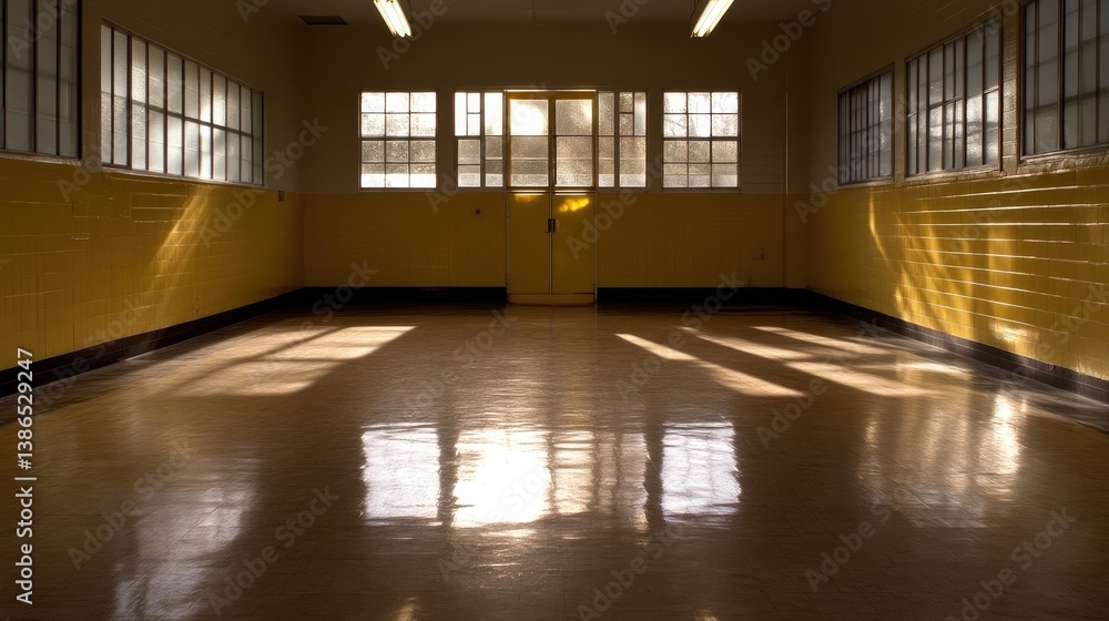 Empty sun-drenched room with polished floor and yellow walls Empty sun-drenched room with polished floor and yellow walls