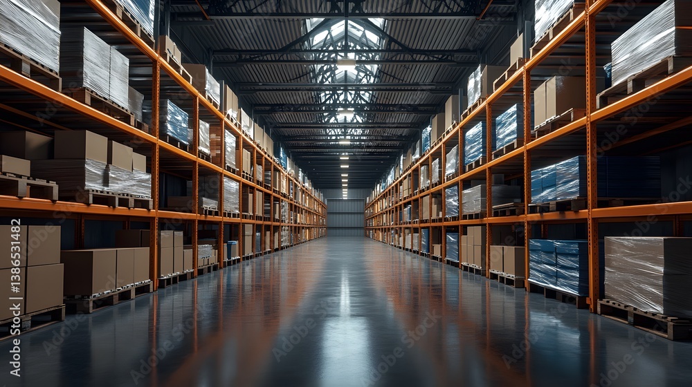 Interior of a modern automated high-rack warehouse with organized shelving and robotic systems, representing advanced logistics and smart industrial storage
Interior of a modern automated high-rack warehouse with organized shelving and robotic systems, representing advanced logistics and smart industrial storage