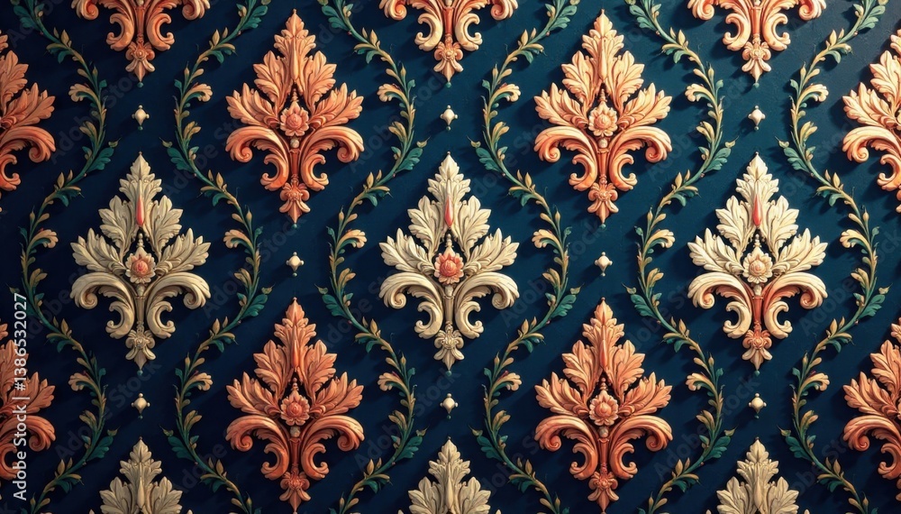 Fototapeta premium Elegant Damask Pattern with Intricate Floral Motifs and Ornate Details, Patterns , Ornate, Interior Design