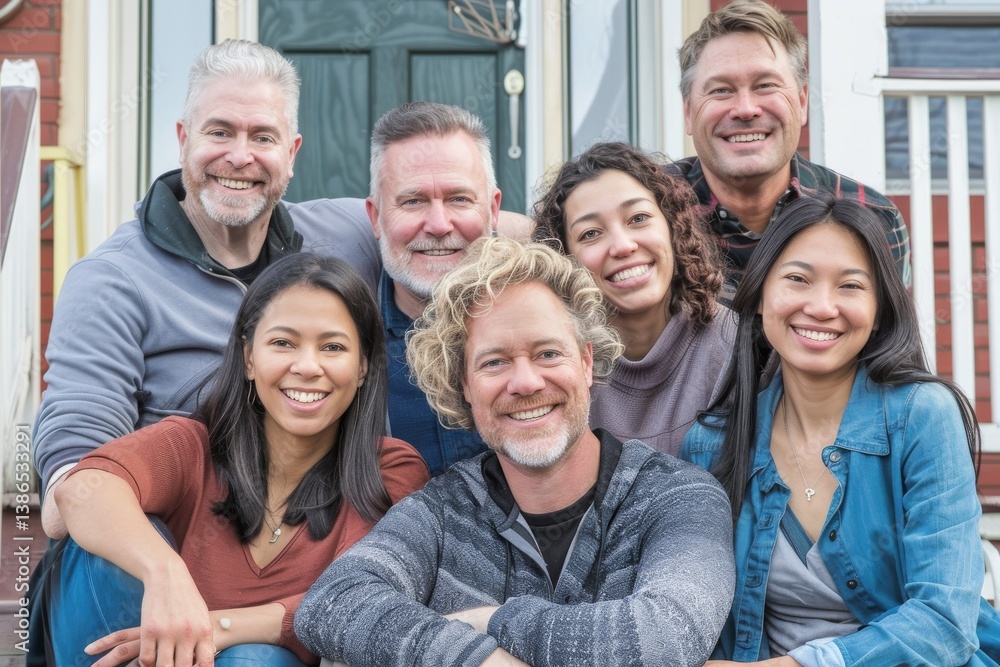 Portrait of a group of smiling friends sitting on the porch of a house Portrait of a group of smiling friends sitting on the porch of a house