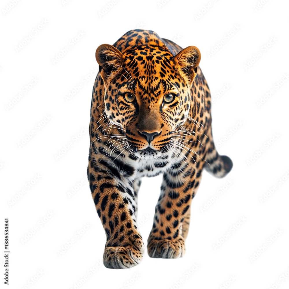 Obraz premium Sleek Leopard Walking Forward Rosetted Coat Isolated on Transparent Background
