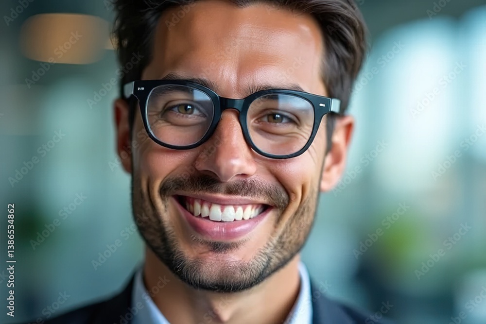 Smart businessman smiling at camera, wearing trendy transparent glasses Smart businessman smiling at camera, wearing trendy transparent glasses