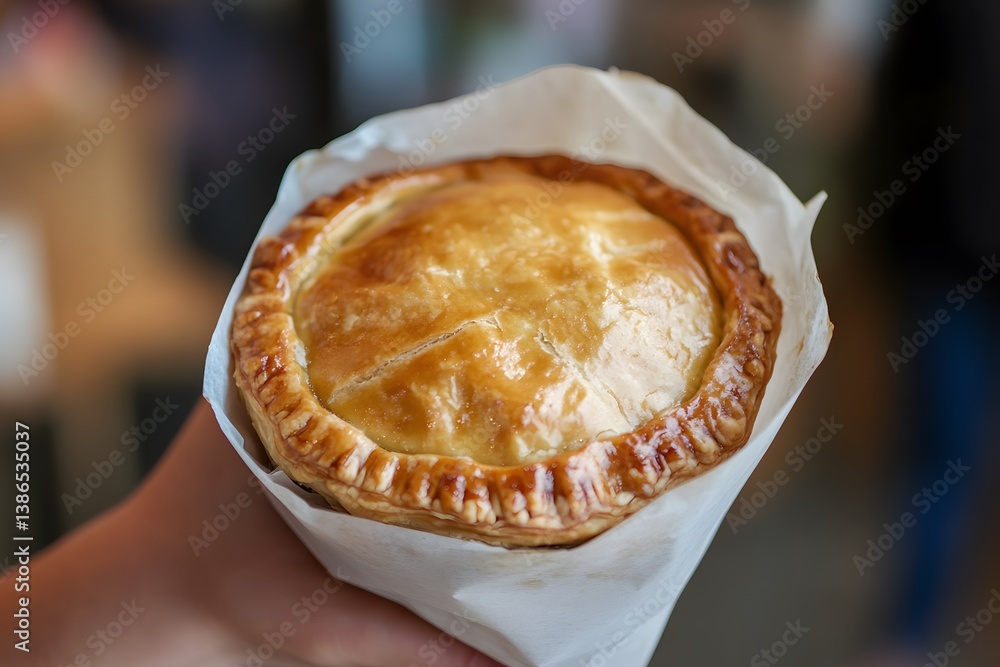 Handheld apple pie in bakery packaging with white paper bag, top view food styling for pastry branding, takeaway presentation and product marketing