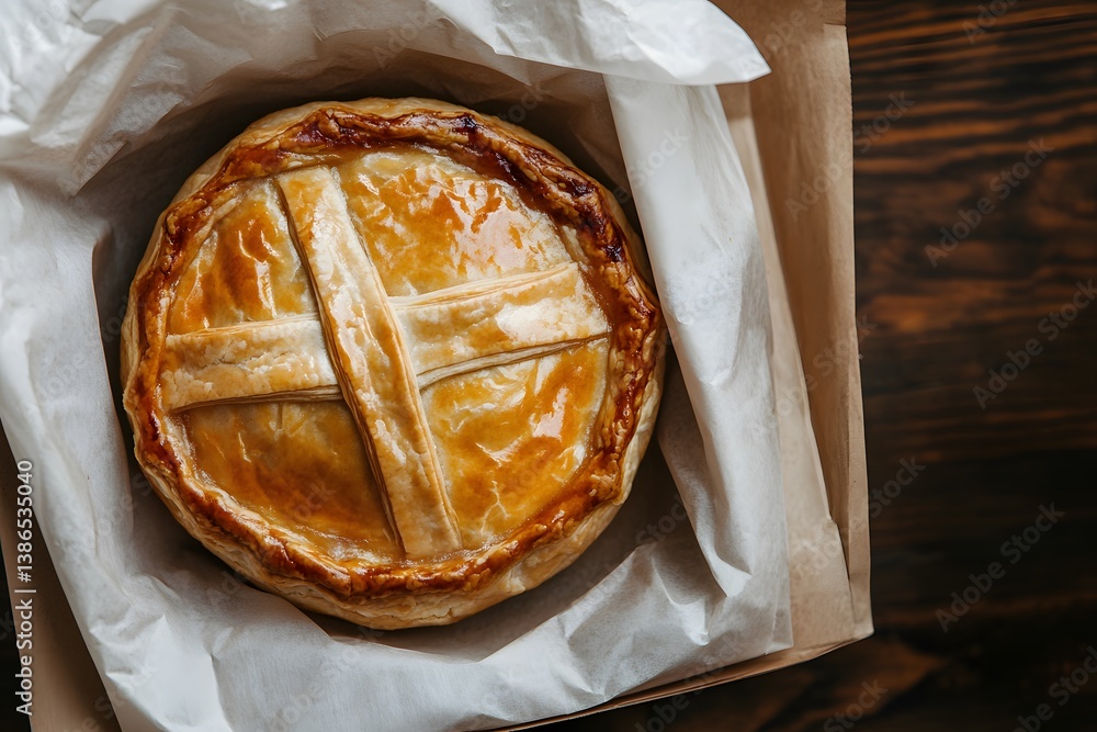 Handheld apple pie in bakery packaging with white paper bag, top view food styling for pastry branding, takeaway presentation and product marketing