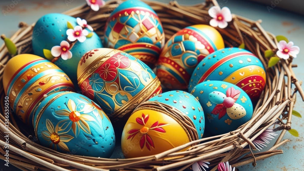 Vibrant High-Resolution Close-Up Of A Natural Twig Nest Cradling A Collection Of Artistically Decorated Easter Eggs, Showcasing Intricate Designs And Bright Colors. Vibrant High-Resolution Close-Up Of A Natural Twig Nest Cradling A Collection Of Artistically Decorated Easter Eggs, Showcasing Intricate Designs And Bright Colors.