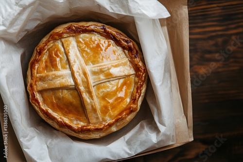 Obraz na płótnie Handheld apple pie in bakery packaging with white paper bag, top view food styling for pastry branding, takeaway presentation and product marketing
w salonie