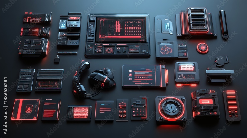 Futuristic Equipment Assortment Showing High-Tech, Advanced Electronic Components Futuristic Equipment Assortment Showing High-Tech, Advanced Electronic Components