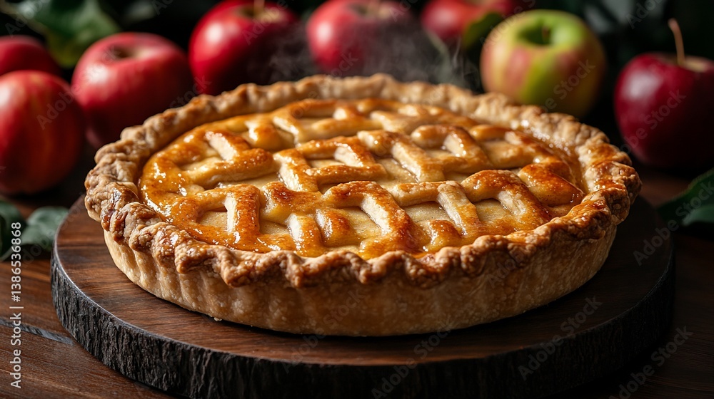 Warm apple pie with lattice crust on wood. Warm apple pie with lattice crust on wood.