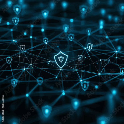 Connected Network of Security Shields with Digital Data Flow in Blue