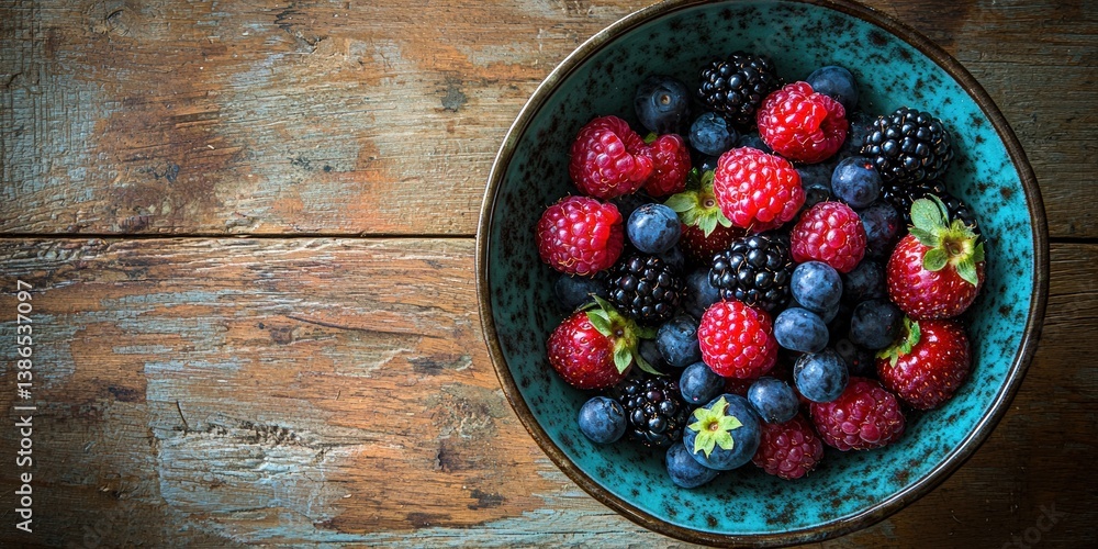 a bowl of fresh fruit on a wooden table, including blueberries and raspberries a bowl of fresh fruit on a wooden table, including blueberries and raspberries