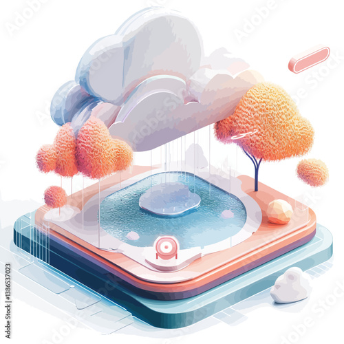 Abstract Floating Landscape with Cloud, Trees, and Lake