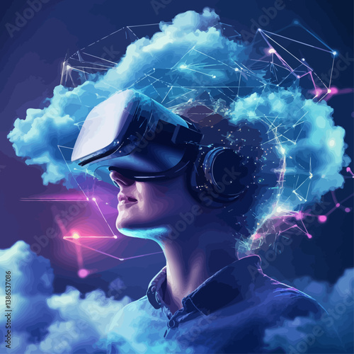 Woman Experiencing Immersive Virtual Reality Cloud Connection