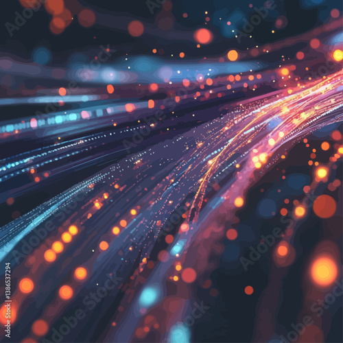 Abstract blue and orange light trails convey technology and data flow