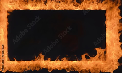 Vivid frame of fiery flames on a dark background. Orange and yellow light illuminates the abstract shapes of dancing fire