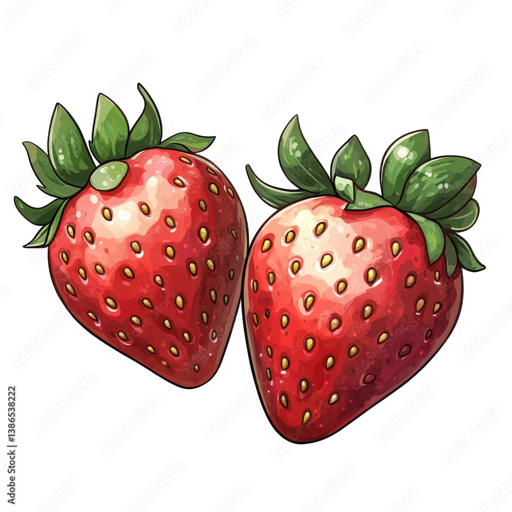 Two juicy red strawberries with green leaves a vibrant fruit illustration, isolated on transparent background Two juicy red strawberries with green leaves a vibrant fruit illustration, isolated on transparent background