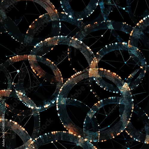 Abstract Connected Rings with Glowing Points on a Black Background