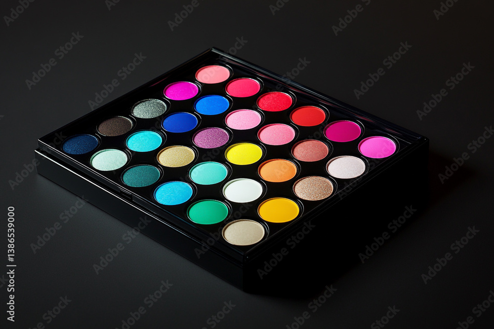 Variety of colored eyeshadows and blushes in individual circles inside a sleek black makeup case Variety of colored eyeshadows and blushes in individual circles inside a sleek black makeup case
