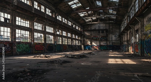 graffiti art covering the walls of a deserted building in the heart of the city.
