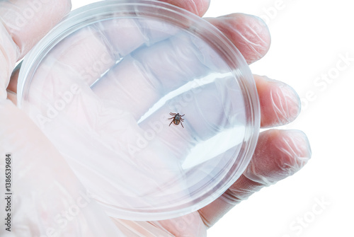 Encephalitis Infected Tick Parasite Insect Laboratory Tube Glass Vial Science Medical Research Isolated on White. Encephalitis Virus or Lyme Borreliosis Disease Infectious Dermacentor Tick Macro.