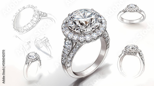 The Sparkle of Design: Intricate sketches and a dazzling ring showcasing the design process of elegance and refinement.