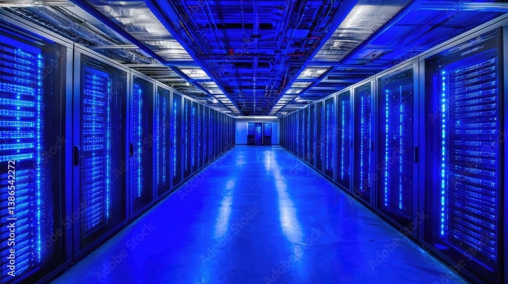 Bright data center with rows of glowing blue server racks and reflective floors under structured ceiling lights. Ideal for IT, network security, and tech service visuals Bright data center with rows of glowing blue server racks and reflective floors under structured ceiling lights. Ideal for IT, network security, and tech service visuals