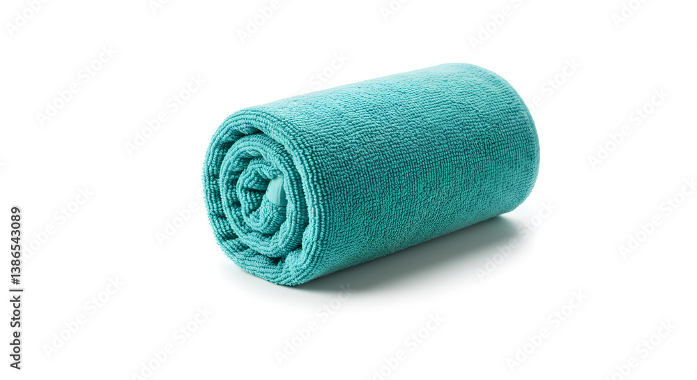 Rolled Turquoise Towel On White Background In A Studio Shot With Soft Textile Material Rolled Turquoise Towel On White Background In A Studio Shot With Soft Textile Material