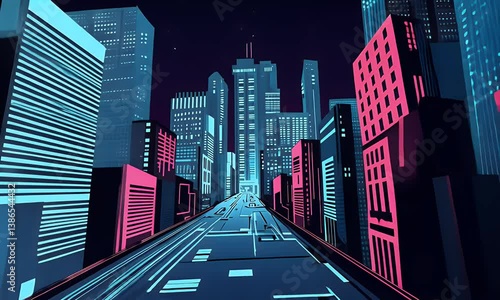 Neon-lit city view with high-rise buildings under starry sky and unique street design. Electric lights create a dynamic atmosphere