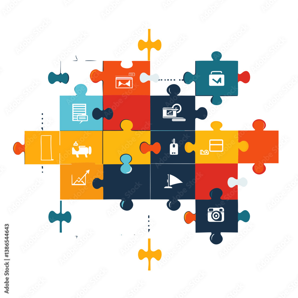 Naklejka premium Colorful Jigsaw Puzzle Pieces Interconnected Representing Teamwork and Strategy