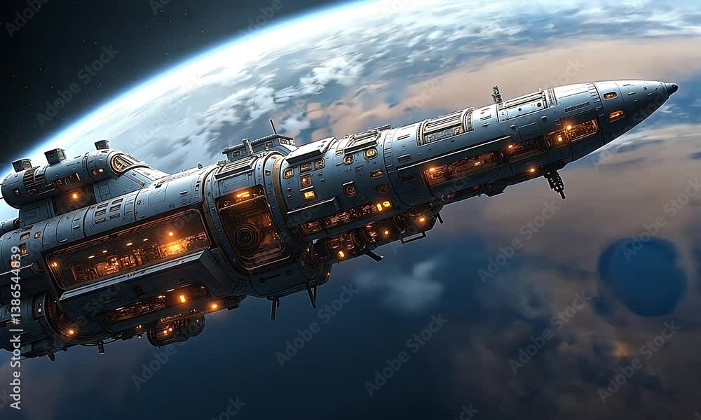 Majestic Spaceship Orbiting Earth: A Sci-Fi Masterpiece Majestic Spaceship Orbiting Earth: A Sci-Fi Masterpiece