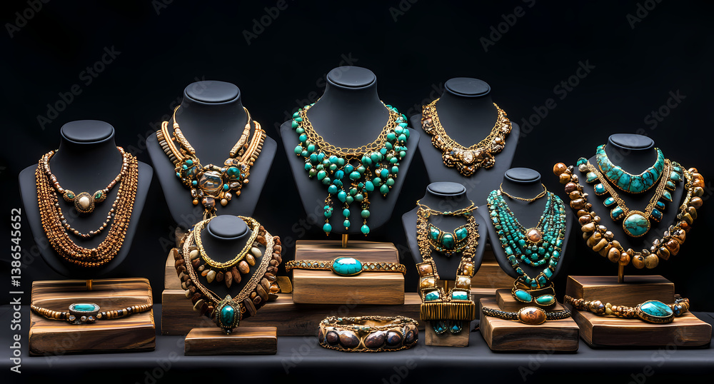 Opulent Jewelry Display: A captivating collection of exquisite necklaces, displayed on elegant stands, showcases intricate craftsmanship and timeless beauty against a dark backdrop. Opulent Jewelry Display: A captivating collection of exquisite necklaces, displayed on elegant stands, showcases intricate craftsmanship and timeless beauty against a dark backdrop.