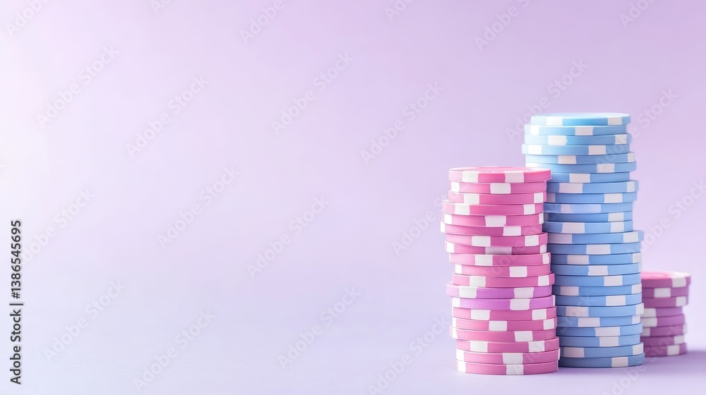 Naklejka premium Pink and blue poker chip stacks stand against a light purple background. The image features two main stacks with a smaller one to the right. Its a high-quality image with even lighting. The pastel co