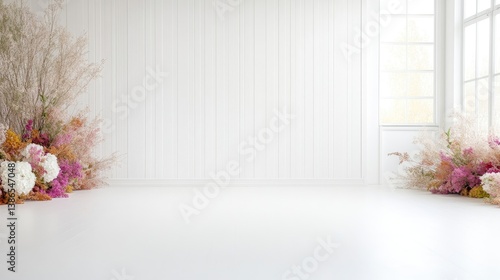 Dried Flower Arrangements White Room Minimalist Style High-Resolution Bright Lighting Wide Angle Soft Textures Elegant Decor Bright Studio Soft Pastels Ideal for Product Photography