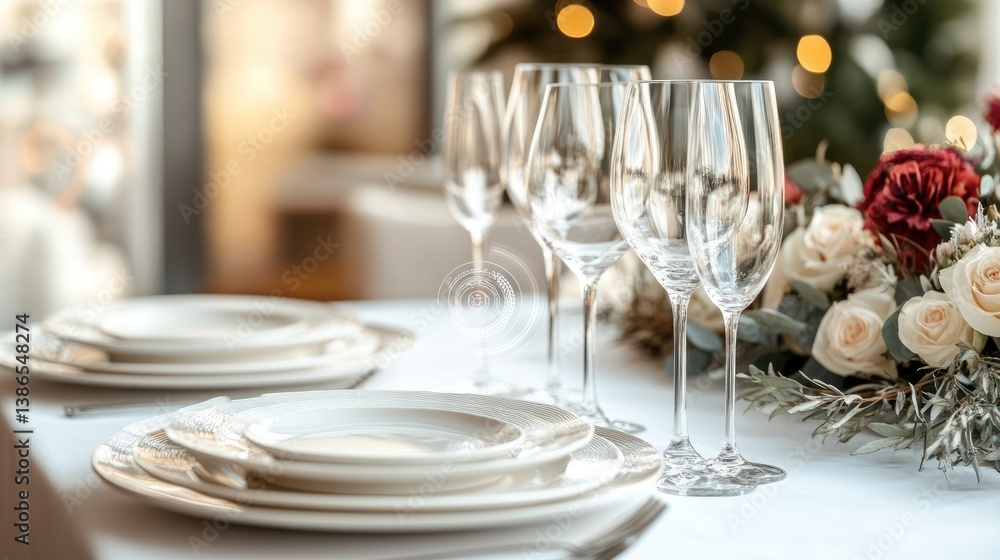 Fototapeta premium A classic table setting featuring crystal stemware and white plates with soft floral accents