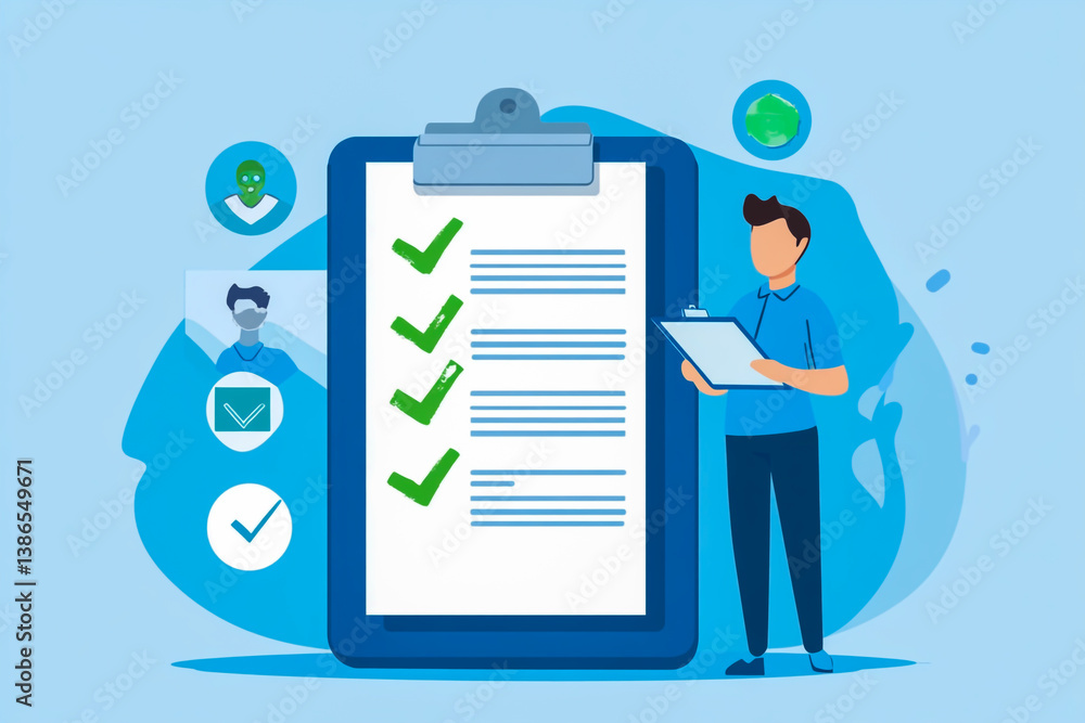 A flat vector illustration of a corporate employee standing next to a user avatar on the right, A flat vector illustration of a corporate employee standing next to a user avatar on the right,