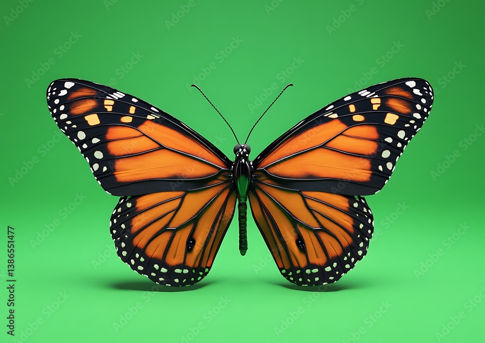 Fototapeta premium An orange butterfly with black markings is shown against a green backdrop