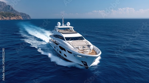 A sleek, white motor yacht cruises across a deep blue ocean. The yacht features a spacious deck and modern design. The image is high-resolution, showcasing clear details. The style is clean and lux