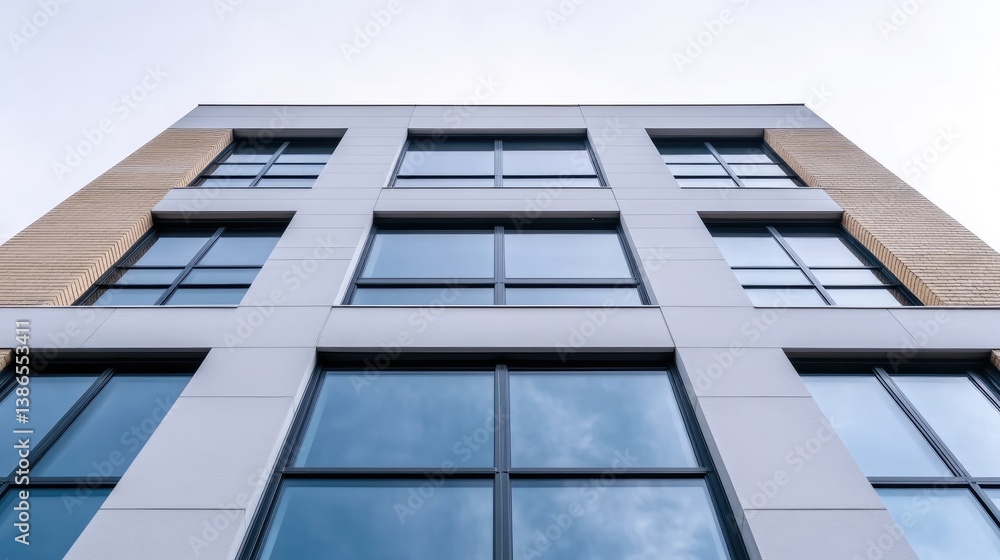 A modern buildings facade is shown, featuring large, gridded windows reflecting the sky. The buildings light gray panels contrast with the tan accents. The image is high-resolution, with sharp details A modern buildings facade is shown, featuring large, gridded windows reflecting the sky. The buildings light gray panels contrast with the tan accents. The image is high-resolution, with sharp details