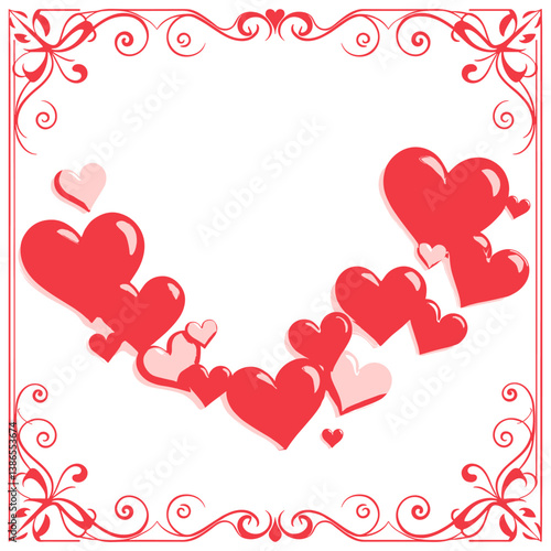 Red hearts cascade within a decorative, swirling frame; love and romance design element.