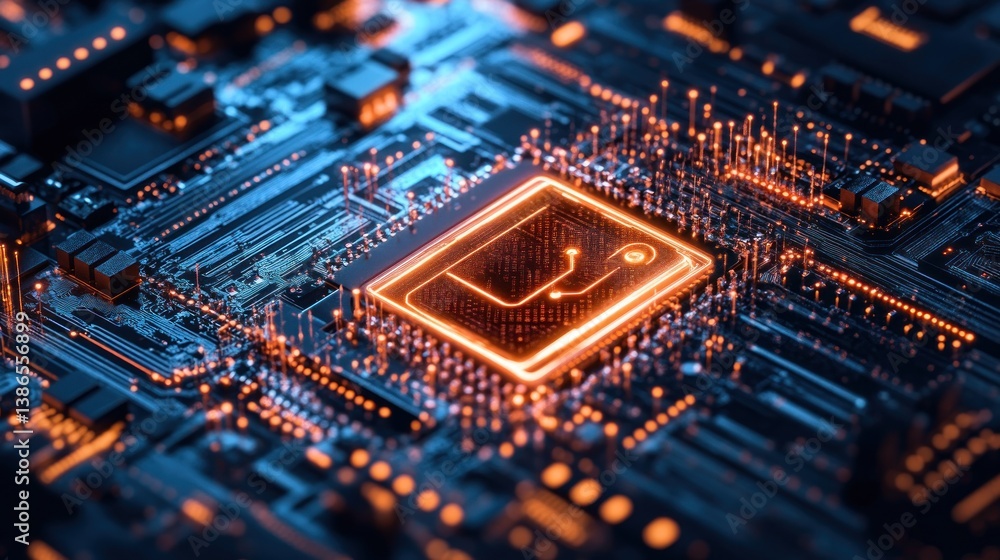 High-tech circuit board with glowing processor High-tech circuit board with glowing processor