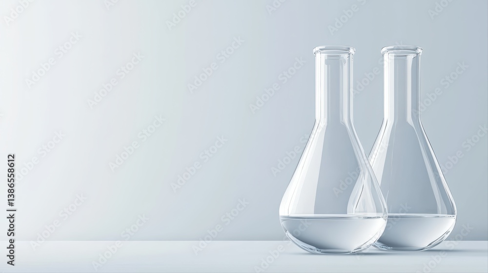 Two transparent laboratory glass flasks on table