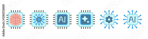 Artificial Intelligence Processor Chip Icons Set