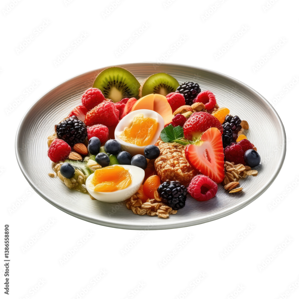 Colorful Healthy Breakfast Plate with Fruits, Eggs, and Granola on transparent background Colorful Healthy Breakfast Plate with Fruits, Eggs, and Granola on transparent background