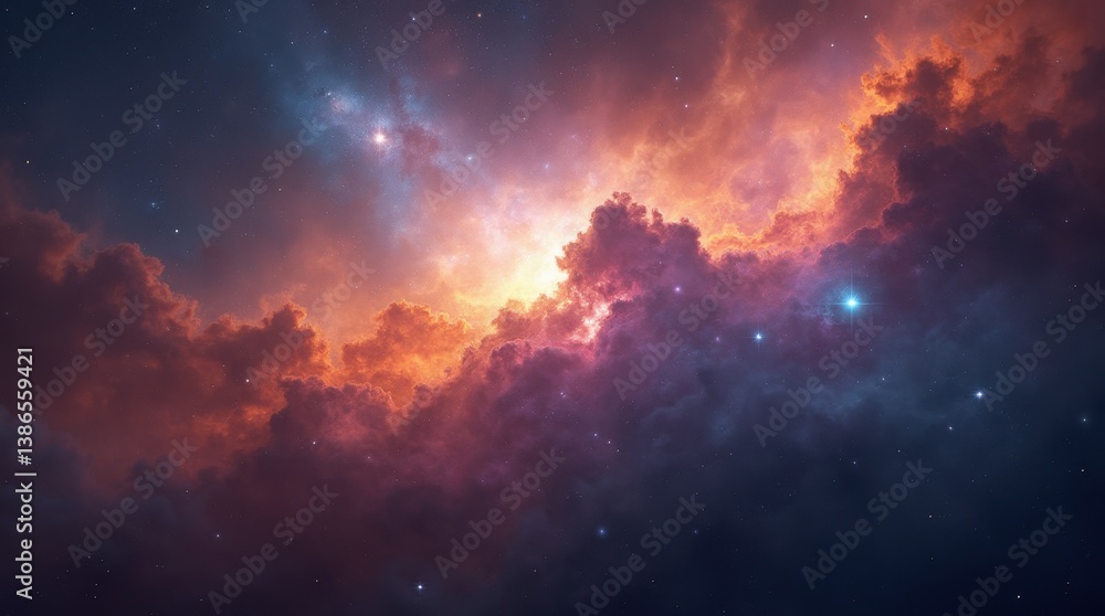 Nebula with orange, blue, violet swirls, glowing tendrils, bright stars, dark cosmic backdrop, soft light Nebula with orange, blue, violet swirls, glowing tendrils, bright stars, dark cosmic backdrop, soft light